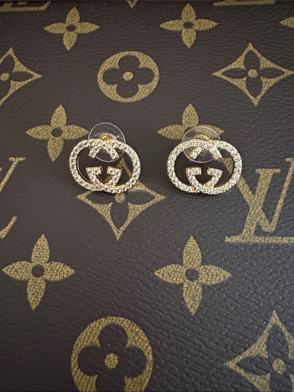 Gold CrystalLike Logo-Style Stud Earrings